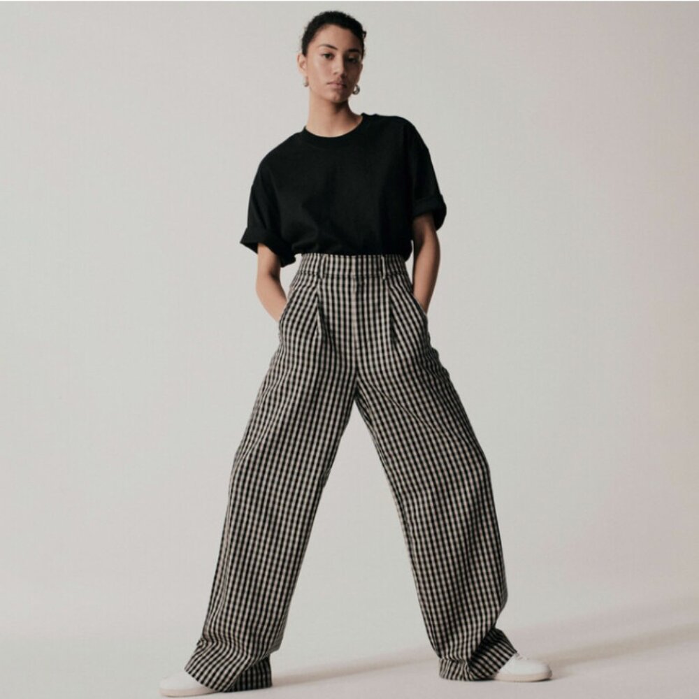 Everlane Way-High Drape Pant in Black and White Gingham NWOT